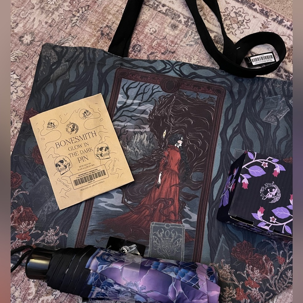 fairyloot january items tote bag, trinket tray, umbrella, pin
